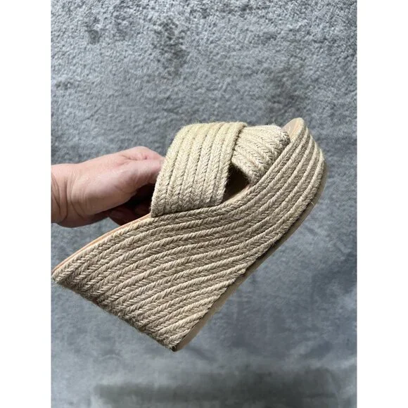 Vtg Soda 5.5 Natural Jute Raffia Open Toe Slide Sandal Platform Wedge Slip-On - Picture 2 of 7